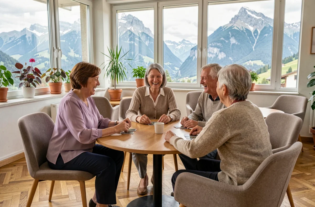 Résidentes jouant aux cartes en riant dans le salon commun de la résidence autonomie Charminelle à Voreppe avec vue sur le massif de la Chartreuse