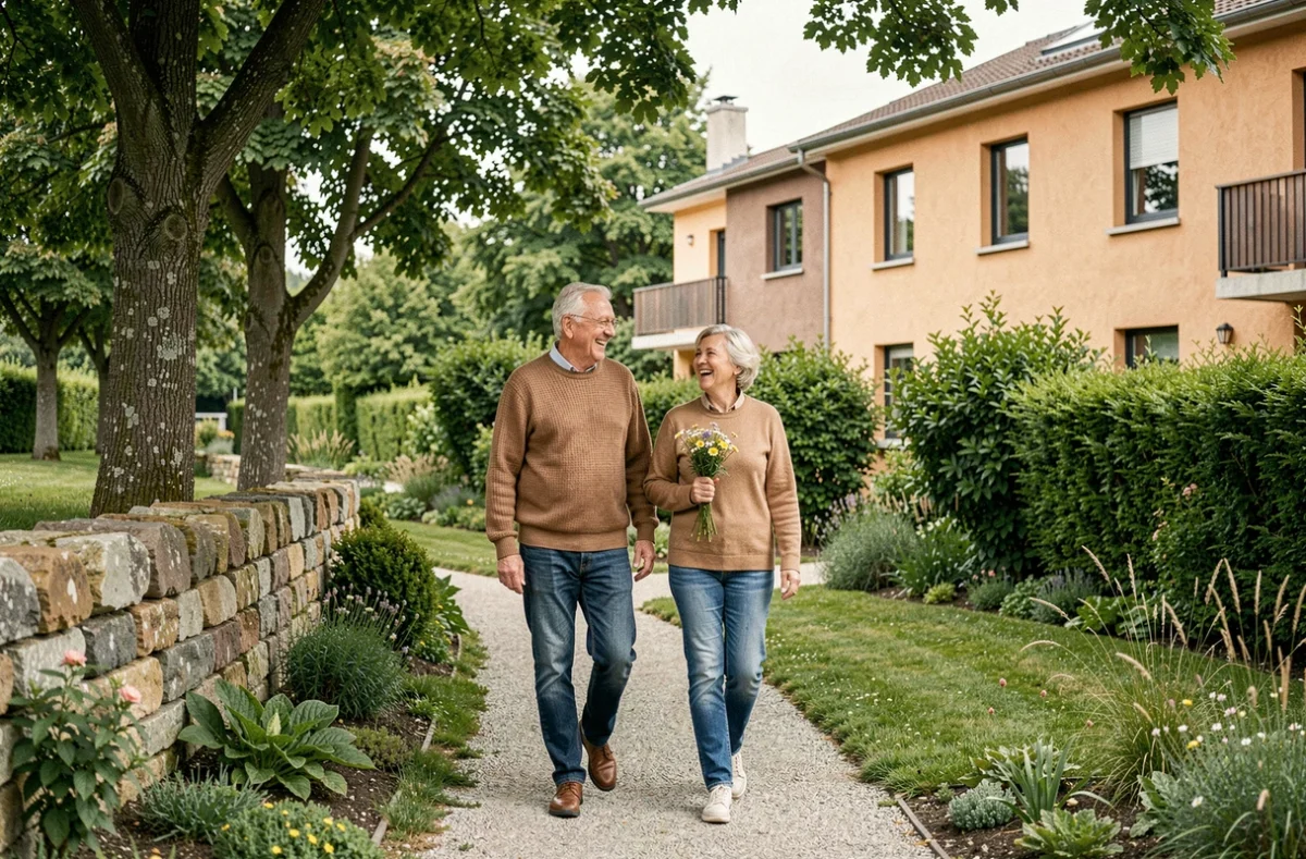 Couple de seniors se promenant dans le jardin paysager de la résidence Espace et Vie Biviers en Isère