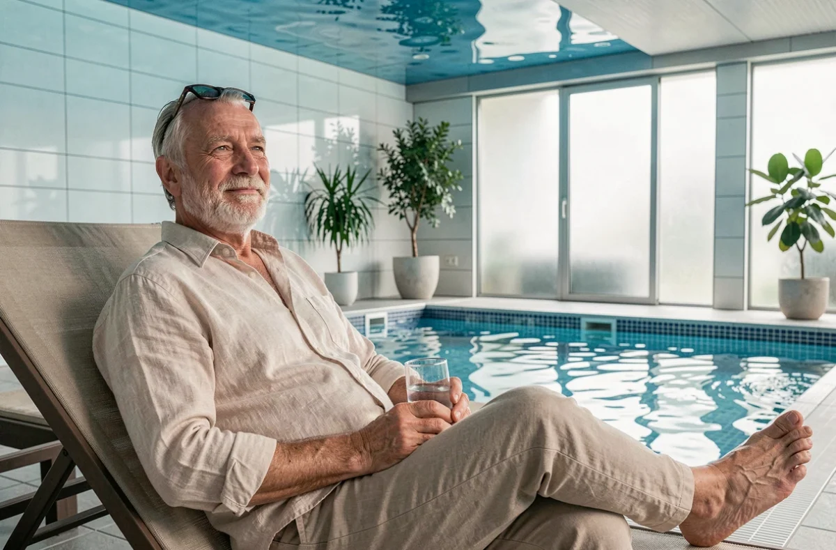 Homme senior détendu au bord de la piscine intérieure de la résidence les Bains à Grenoble avec espace bien-être contemporain