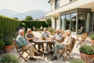 Groupe de seniors heureux réunis dans la cour ensoleillée d'une résidence senior en Isère avec les montagnes du Vercors en arrière-plan