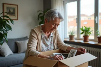 Femme âgée arrangeant des photos dans un salon cosy à Nîmes