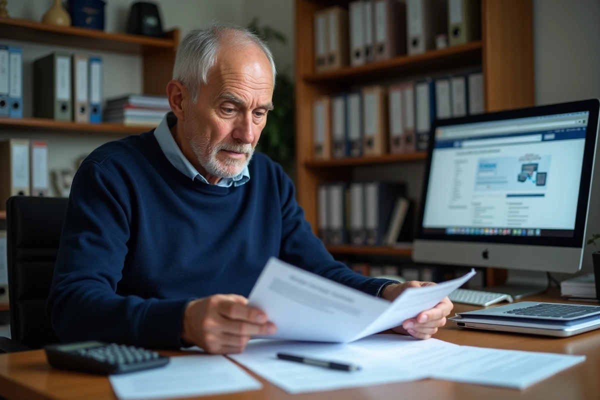 Homme retraité comparant ses montants de retraite complémentaire Agirc-Arrco avec une calculatrice