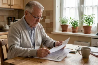 Retraité lisant ses documents de pension Agirc-Arrco à la table de cuisine