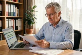 Senior homme retraite progressive examinant des documents administratifs sur son bureau à domicile