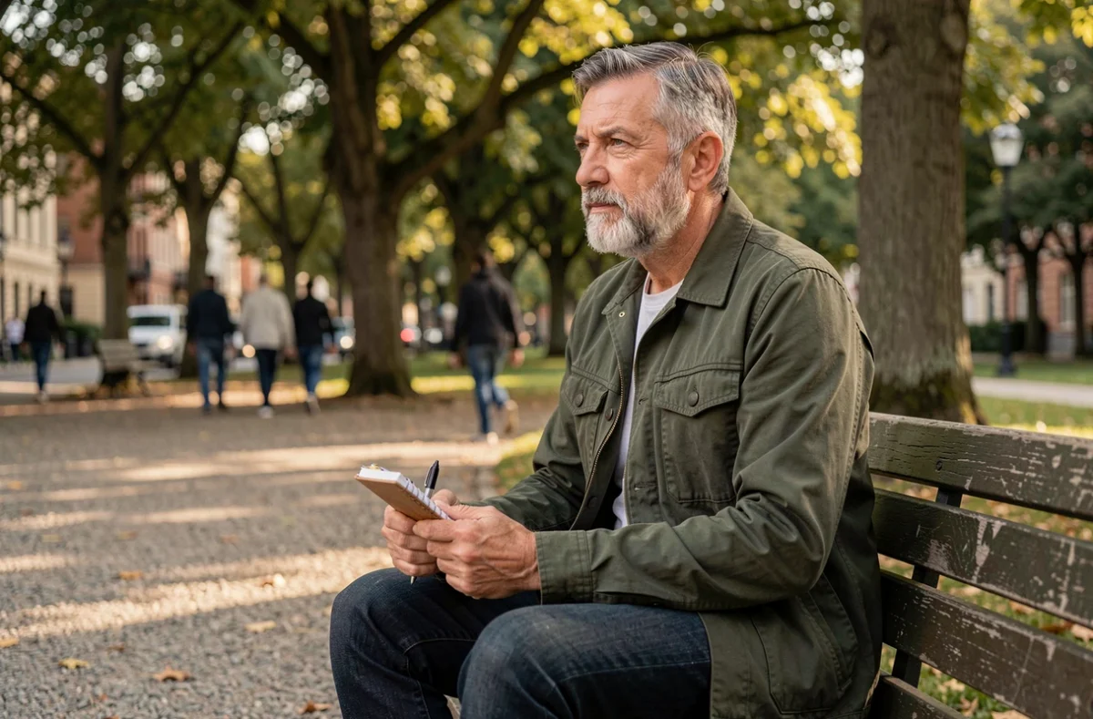 Homme senior en pause réfléchissant à sa retraite progressive assis dans un parc urbain