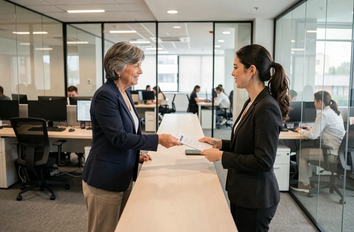Femme senior en retraite progressive transmettant des dossiers à une collègue dans un bureau moderne