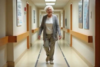 Femme âgée marche prudemment dans une clinique de rééducation