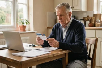 Retraité SNCF examinant son pass Carmillon à la table de cuisine entouré de documents administratifs
