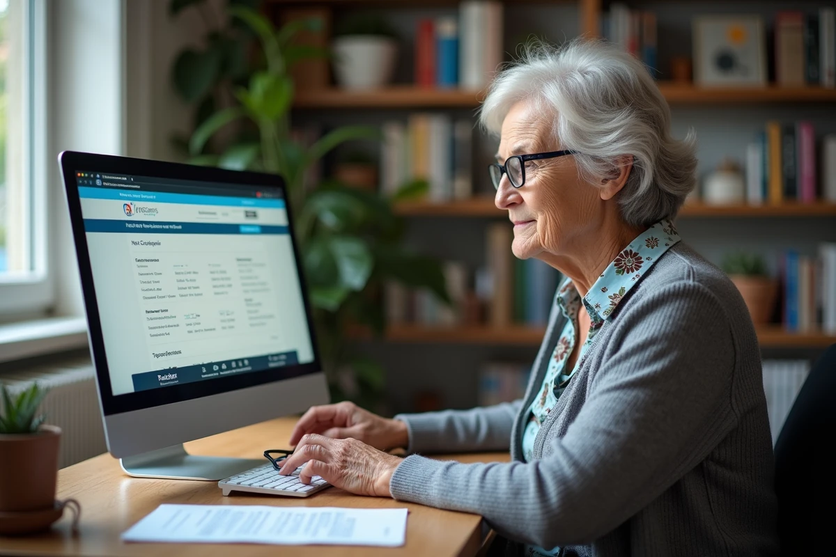 Femme retraitée consultant sa déclaration d'impôts en ligne depuis son bureau à domicile