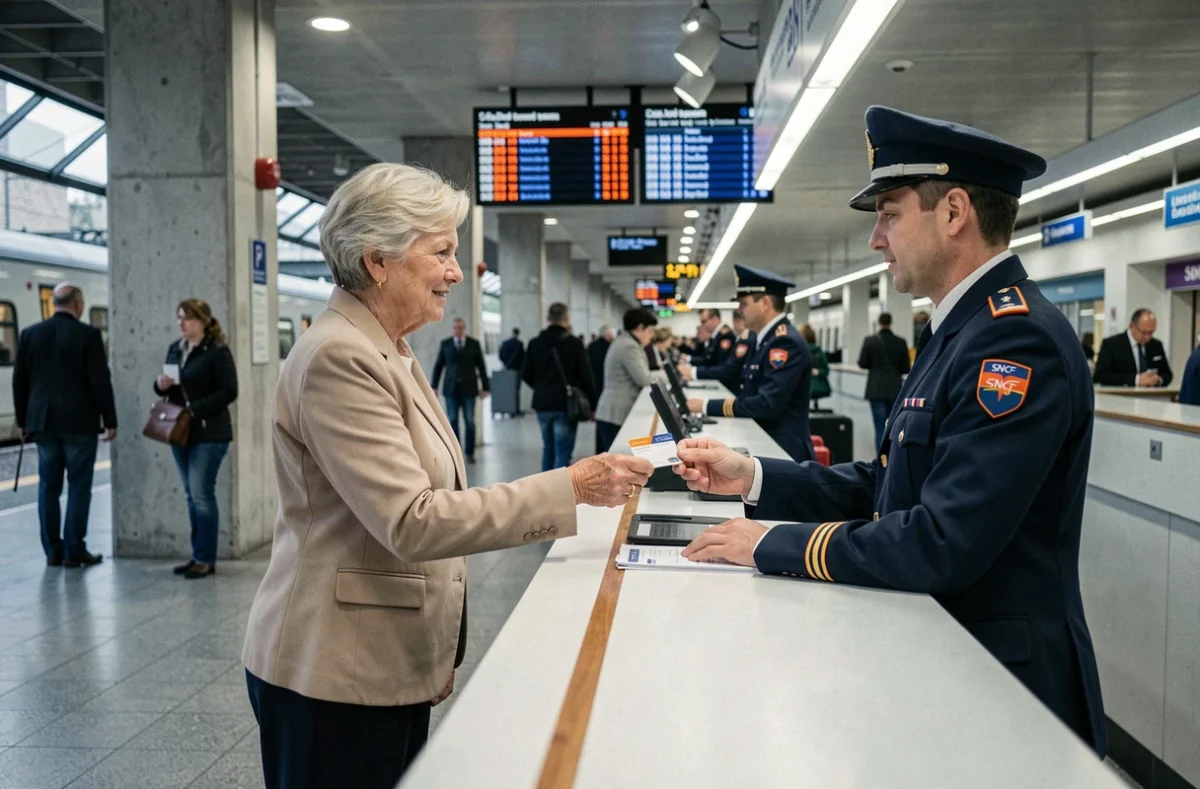 Retraitée SNCF présentant son pass Carmillon au guichet d'une gare française