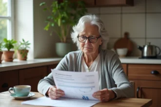 Femme retraitée qui examine ses relevés de pension Agirc-Arrco à la table de sa cuisine