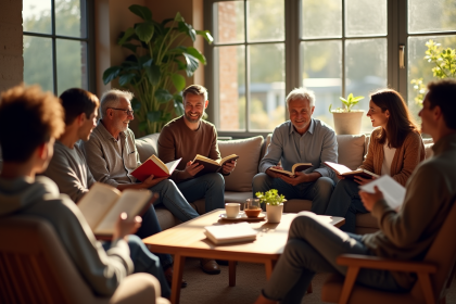 Salon convivial avec adultes lisant et discutant