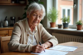 Femme senior consultant des documents d'aides financières à domicile à Lille