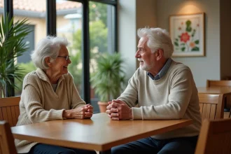 Seniors discutant dans un salon moderne et convivial