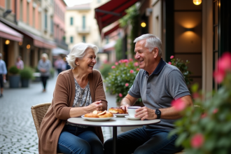 Une femme âgée et un homme au café en plein air
