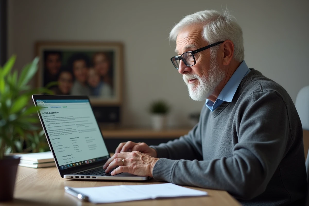 Un homme retraité utilise un ordinateur portable pour effectuer ses démarches administratives en ligne depuis son bureau à domicile.