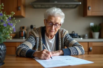 Femme senior remplissant un formulaire dans la cuisine