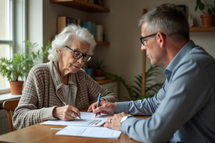 Femme âgée relisant des documents dans un salon lumineux