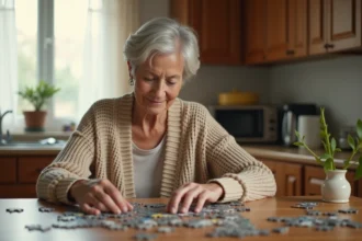 Femme senior aux cheveux argentés faisant un puzzle sur une table en bois dans sa cuisine, activité de loisir à la maison
