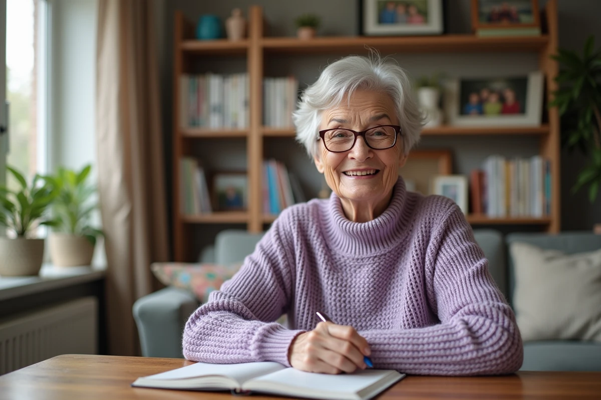Femme senior souriante dans un intérieur chaleureux