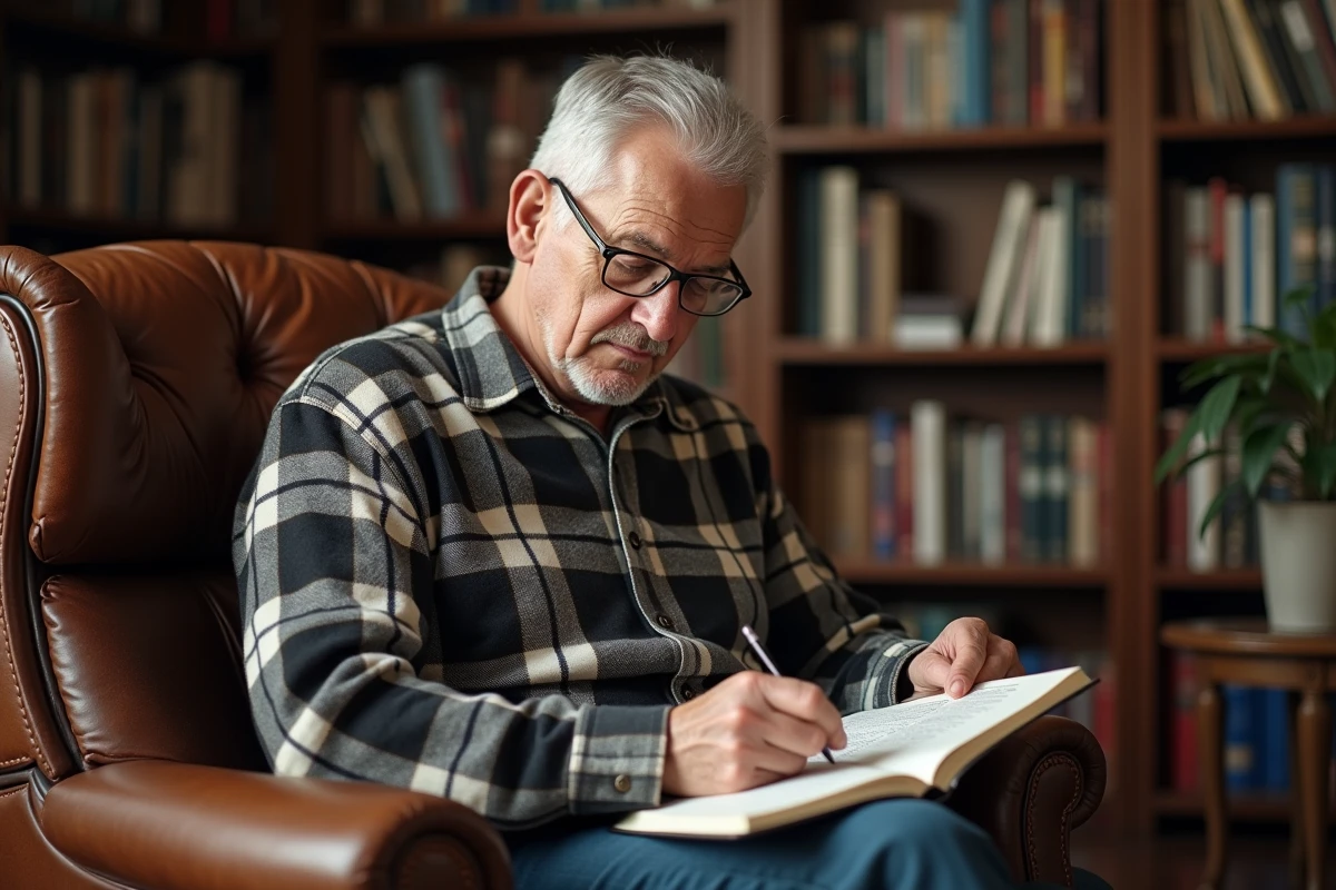 Homme senior avec des lunettes résolvant des mots croisés dans un fauteuil en cuir, jeu de réflexion pour retraité à domicile