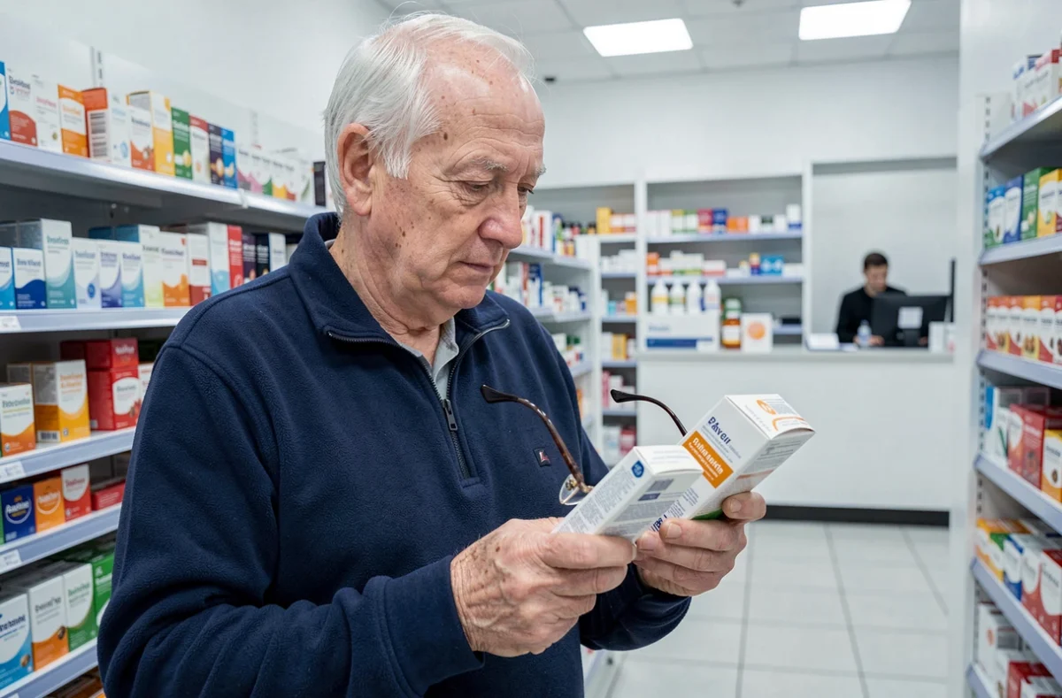 Homme âgé comparant des boîtes de compléments alimentaires dans le rayon d'une pharmacie