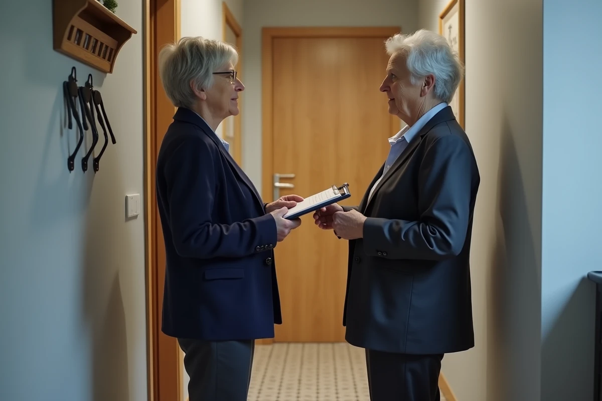 Propriétaire senior discutant avec une assistante sociale des conditions de l'APA à domicile