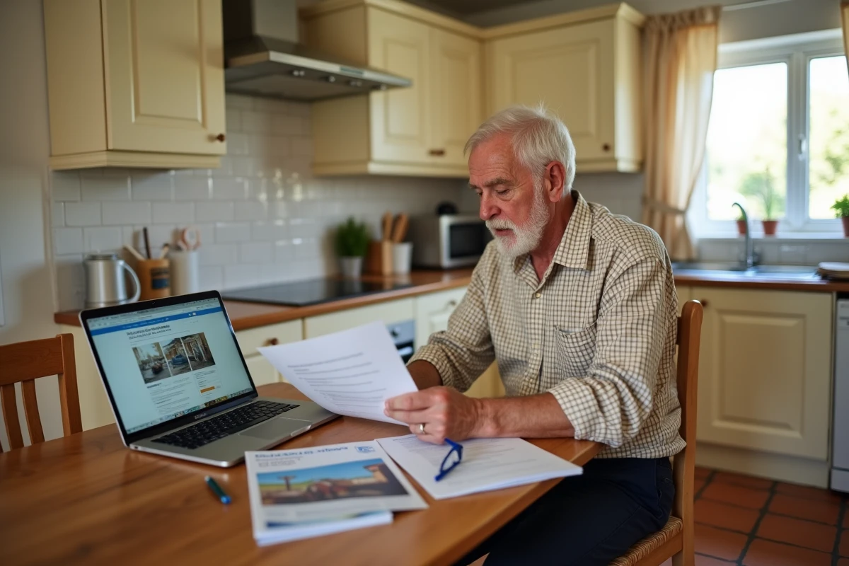 Personne âgée consultant des documents et un site d'aides financières pour financer un élévateur PMR à domicile