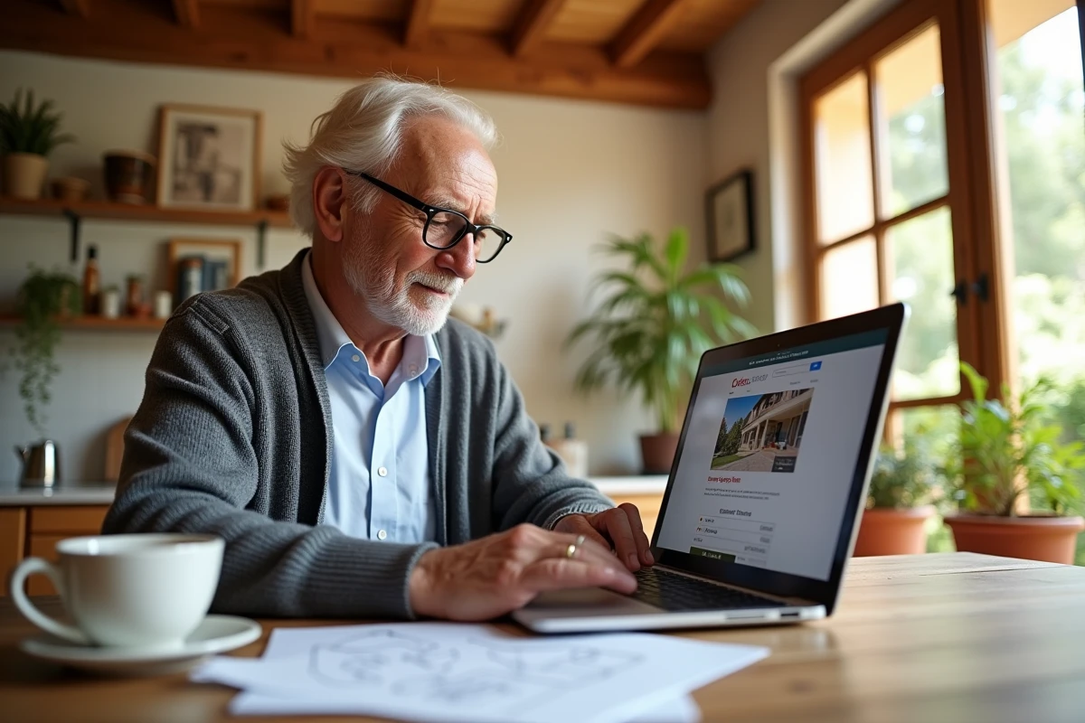 Homme senior cherchant une maison adaptée sur le site ensemble-senior.fr depuis sa cuisine à Nîmes