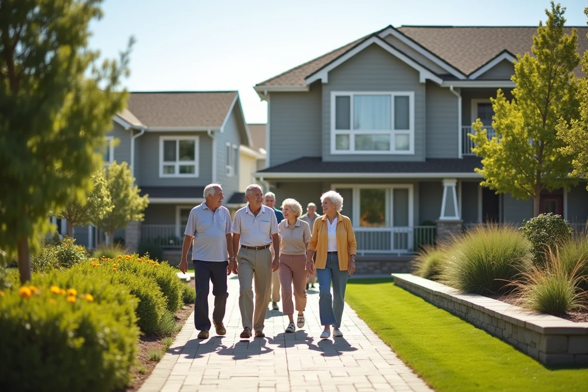 Groupe de seniors marchant devant résidence moderne