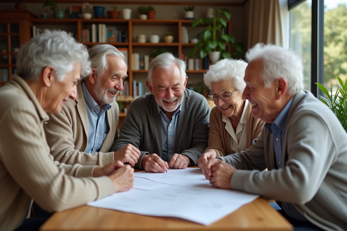 Groupe de seniors souriants autour d'une table dans un salon convivial