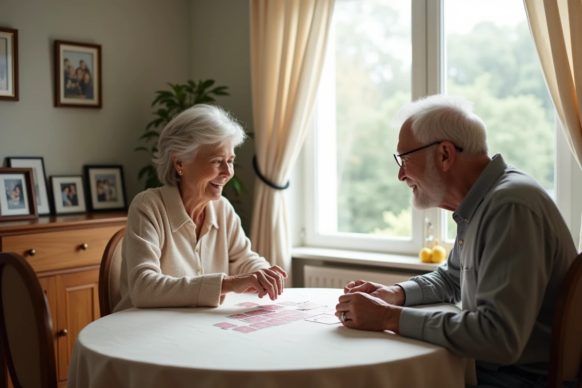 Couple de seniors jouant aux cartes autour d'une table à manger, jeu de société à domicile pour personnes retraitées