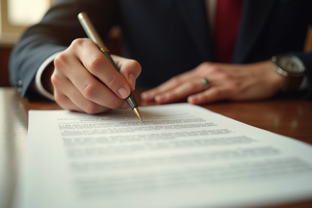 Main signant un testament en français sur un bureau en bois