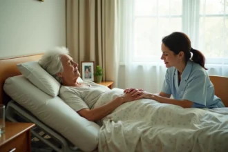 Personne âgée en fin de vie reposant dans son lit à domicile avec une aidante à ses côtés