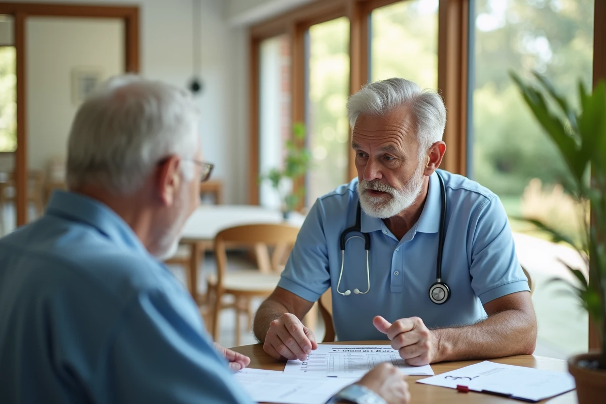 Aide soignant guidant un elderly avec une checklist