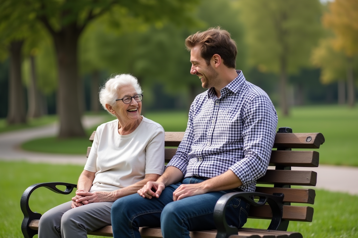 Jeune homme grand assis avec une femme dans un parc