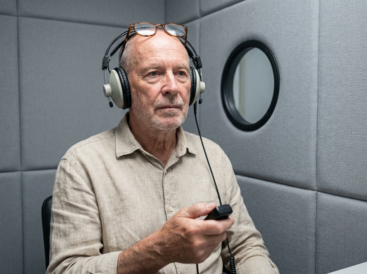 Homme âgé de 70 ans portant un casque audiométrique dans une cabine d'audiométrie insonorisée