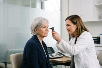 Femme de 65 ans lors d'un examen auditif chez un audiologiste dans un cabinet médical moderne