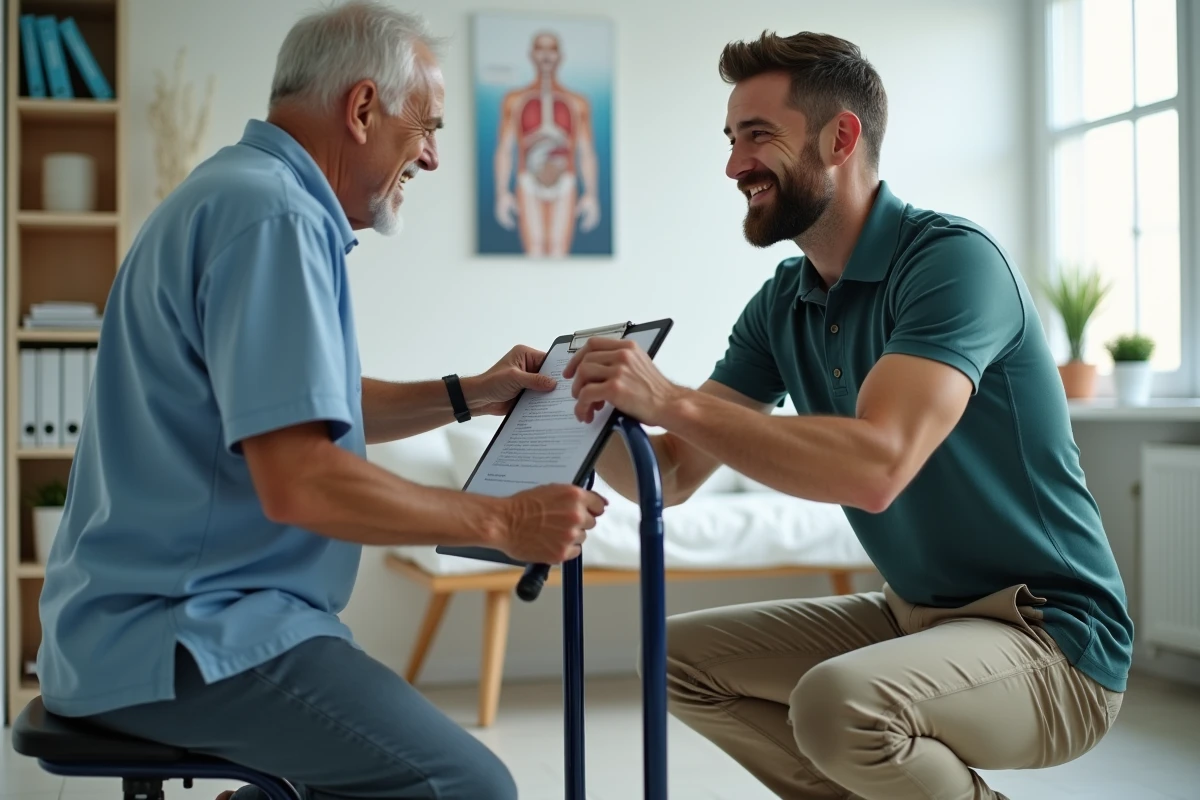 Therapeute aide un senior lors d’un test d’équilibre en cabinet