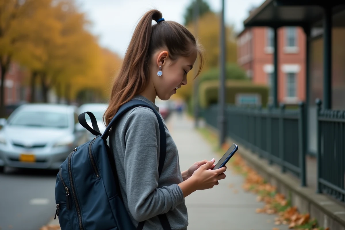Une adolescente portant un sac à dos avec un traceur GPS discret accroché à la fermeture éclair, attendant le bus dans une rue résidentielle calme, illustrant la sécurité des jeunes