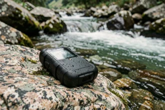 Traceur GPS étanche et antichoc posé sur un rocher en bord de rivière de montagne avec des gouttes d'eau visibles sur le boîtier
