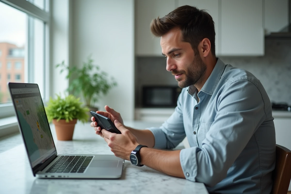 Un homme examinant attentivement un petit traceur GPS dans sa cuisine moderne devant un ordinateur affichant une carte, représentant la réflexion sur la protection sans surveillance intrusive