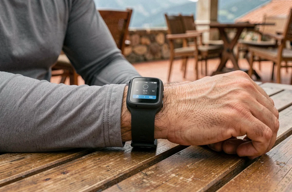 Gros plan d'un traceur GPS étanche porté au poignet avec bracelet en silicone sur une terrasse de village de montagne