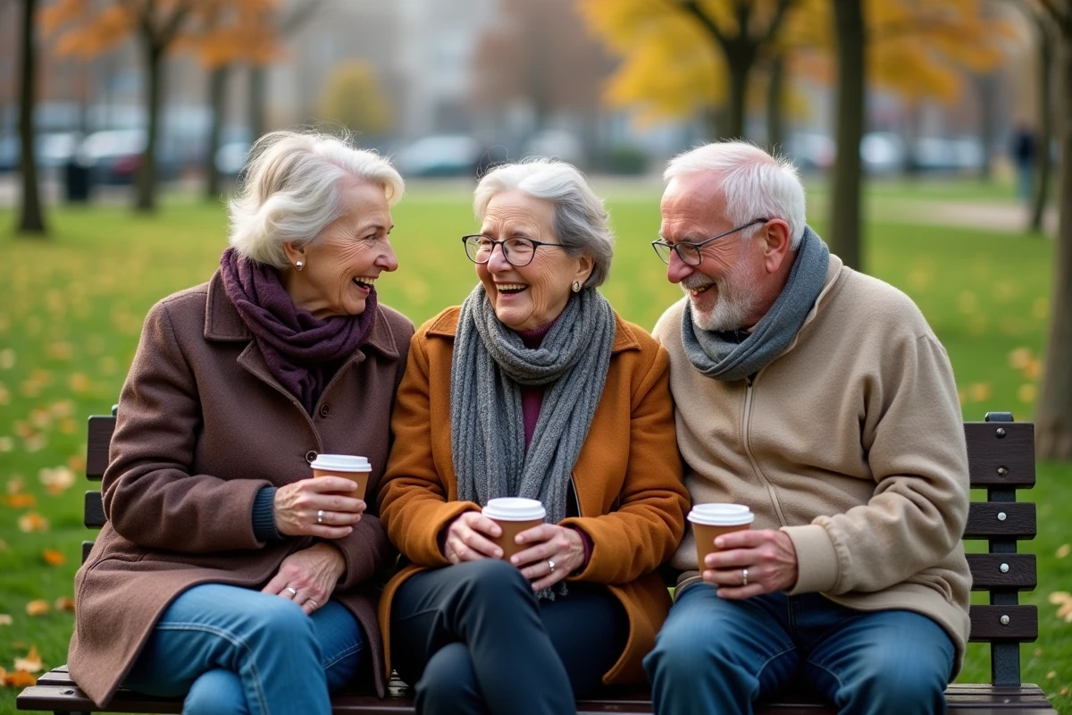 Trois seniors riant sur un banc dans un parc
