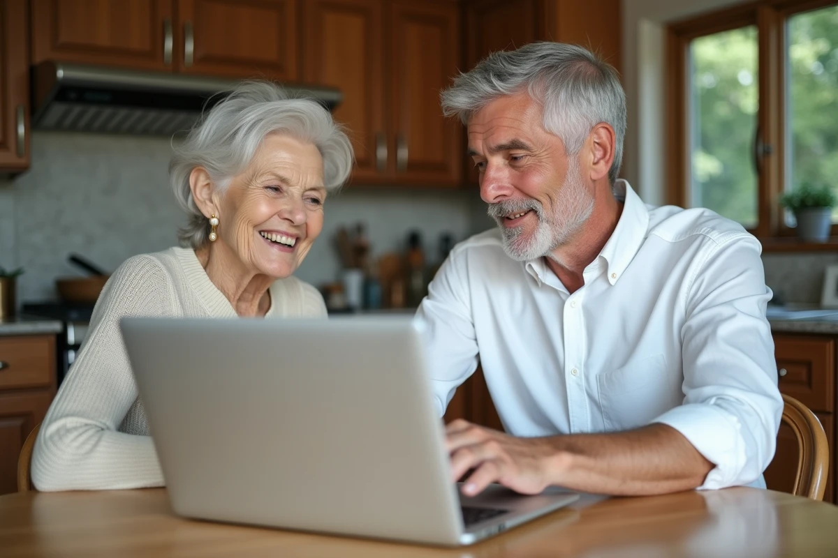 Tuteur et personne âgée consultant ensemble l'application Mon Proxima sur un ordinateur portable