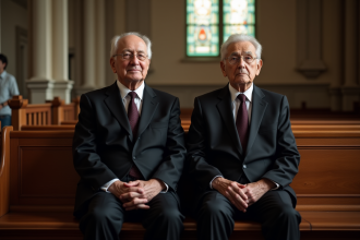Couple age dans une église en bois et pierre