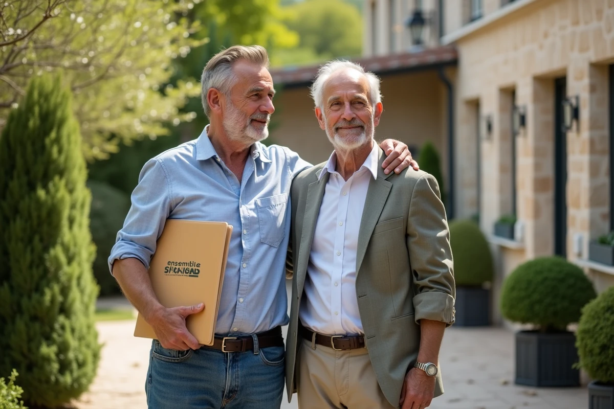 Fils rassurant son père devant un EHPAD à Nîmes